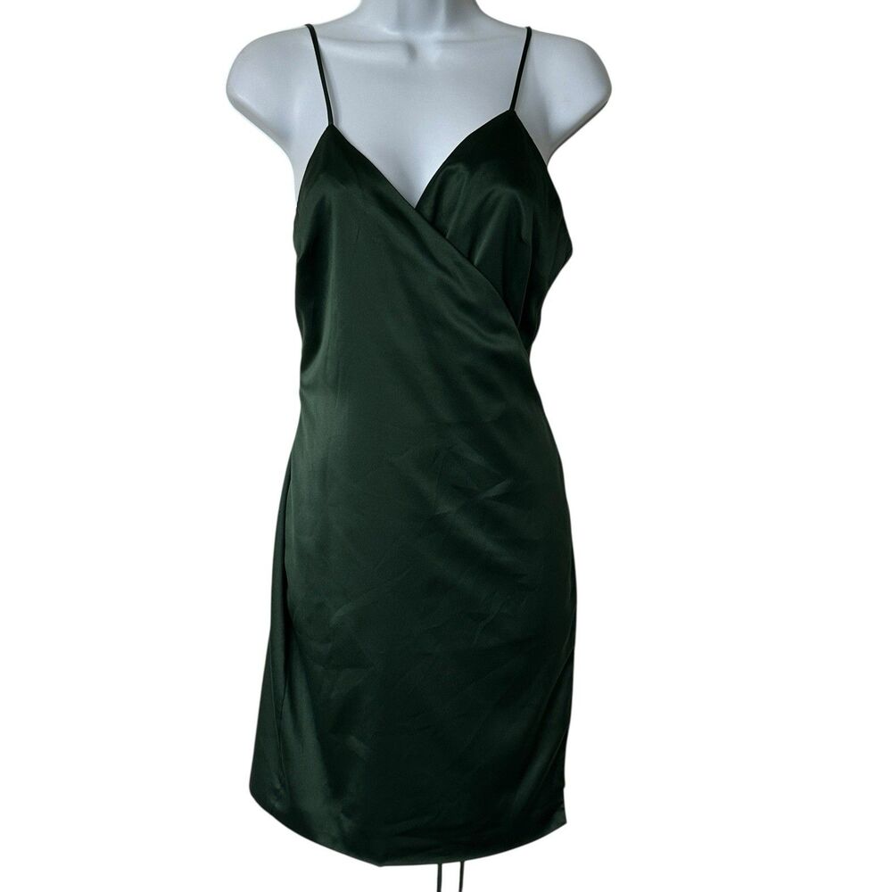 REVOLVE MAJORELLE Dress L Green Nina Satin Wrap Mini Spaghetti Strap Women's - Picture 2 of 12